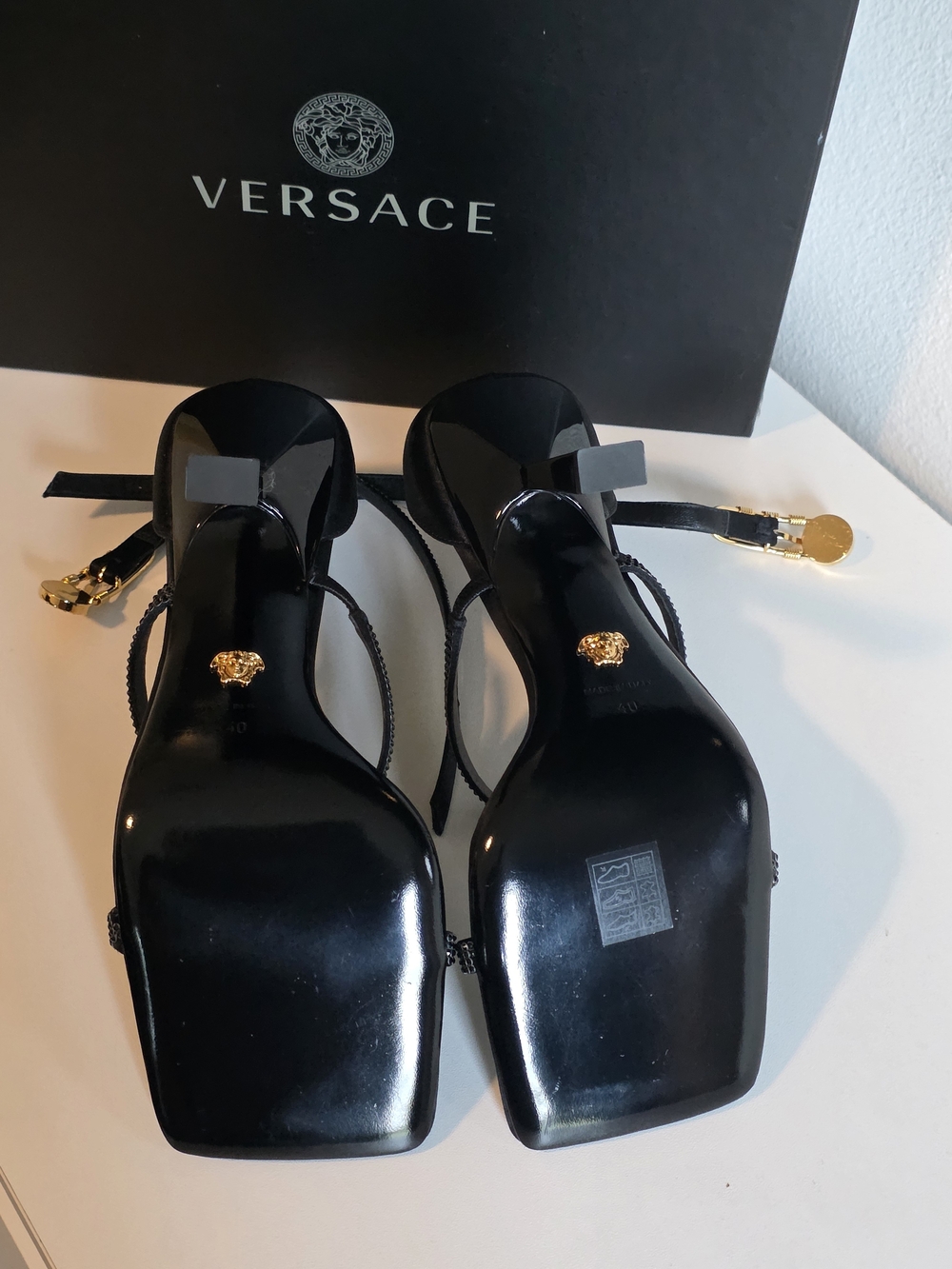 Versace Black Satin Crystal Strap High Heel Sandals - Picture 4 of 5
